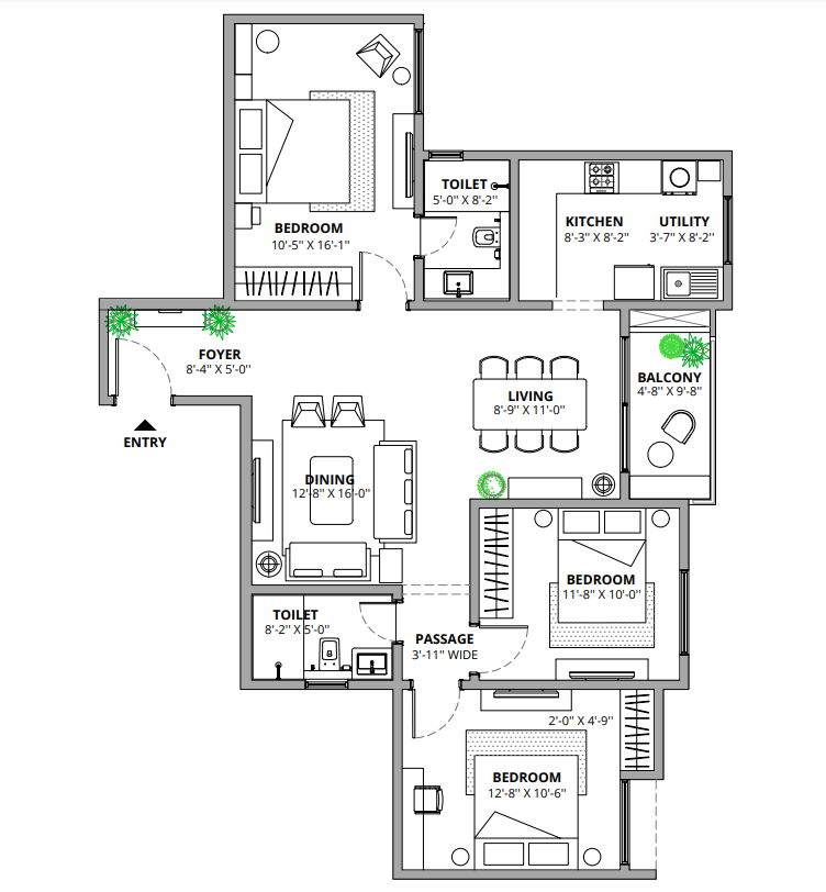 3 BHK + 2T (Big Balcony) Layout Plan